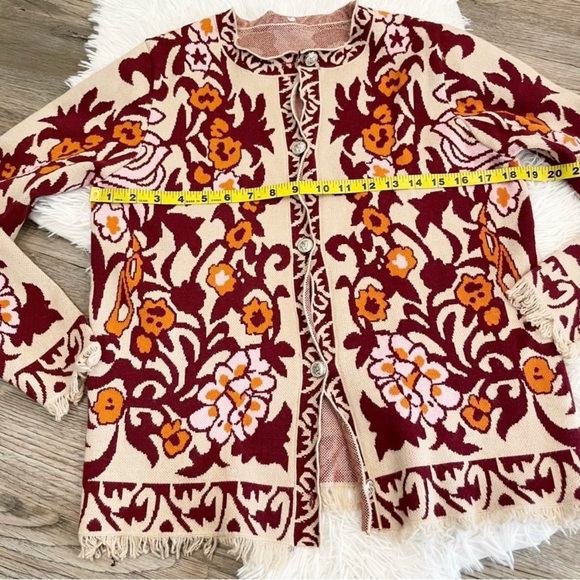 Tapestry Print Sweater Fringe Boho Granny Core Small Cardigan Fall Autumn - Picture 2 of 6
